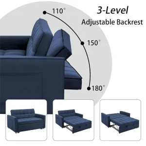 Stylish Pull-Out Sofa Bed w/Woven Polyester Fabric  Solid Wood Frame(Blue)