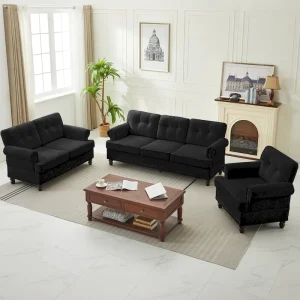 Set of 3 Chenille Sofa Set for Living Room, Button-Tufted  Nailhead Upholstery, Solid Rubberwood Legs(3 Pieces/Black)