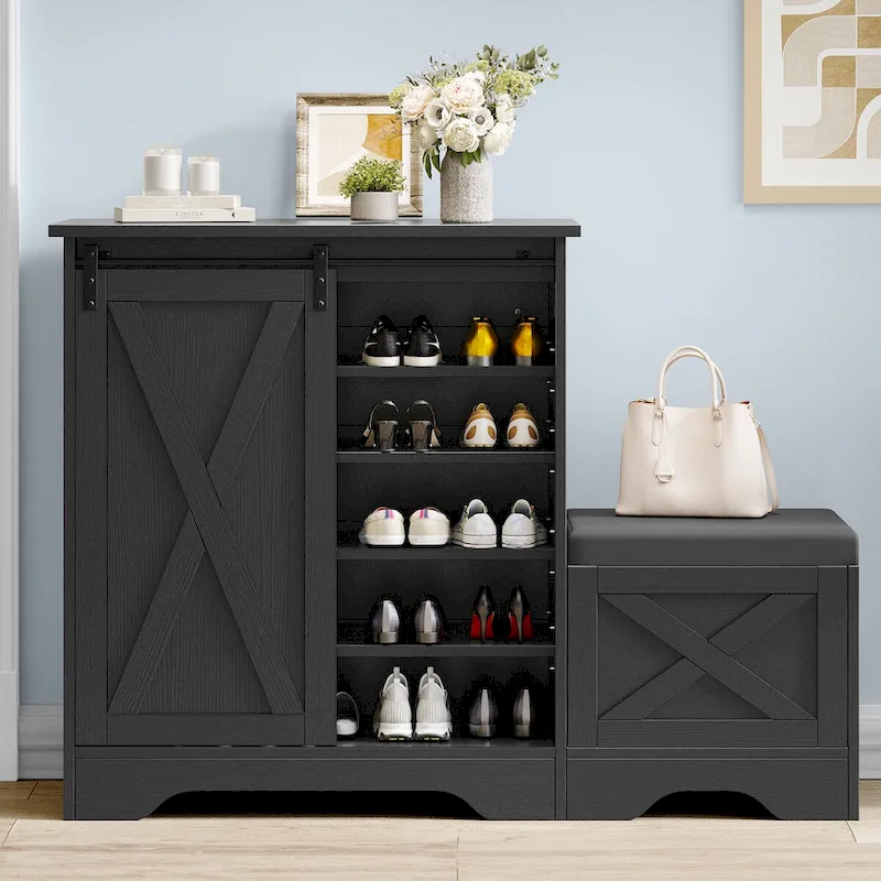 fb350d9df8dc553f79bfceeb2ccd70a92ab25e8fdc4d15b6fe39e9b6af96022d Farmhouse Shoe Cabinet with Sliding Door Shoe Bench 5-Tier Shoe Storage Cabinet with Adjustable Shelves for 20 Pairs(White)