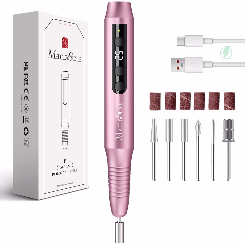 fbc73ad04f4c45b3b51cbf9ea6bb44549903dcb73a72176719272c71c10bb63e MelodySusie Cordless Portable Nail Drill, 25,000 RPM PC180G Rechargeable Nail E-file Kit, with Drill Bits & Sanding Bands, Pink
