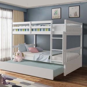 Solid Wood Full Over Full Bunk Bed Frame with Trundle, Safety Ladder  Guardrails, Convertible Bunk Bed for Kids Teens(White)