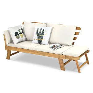 Outdoor Convertible Acacia Wood Daybed, Couch Sofa Bed w/Adjustable Armrest(White)