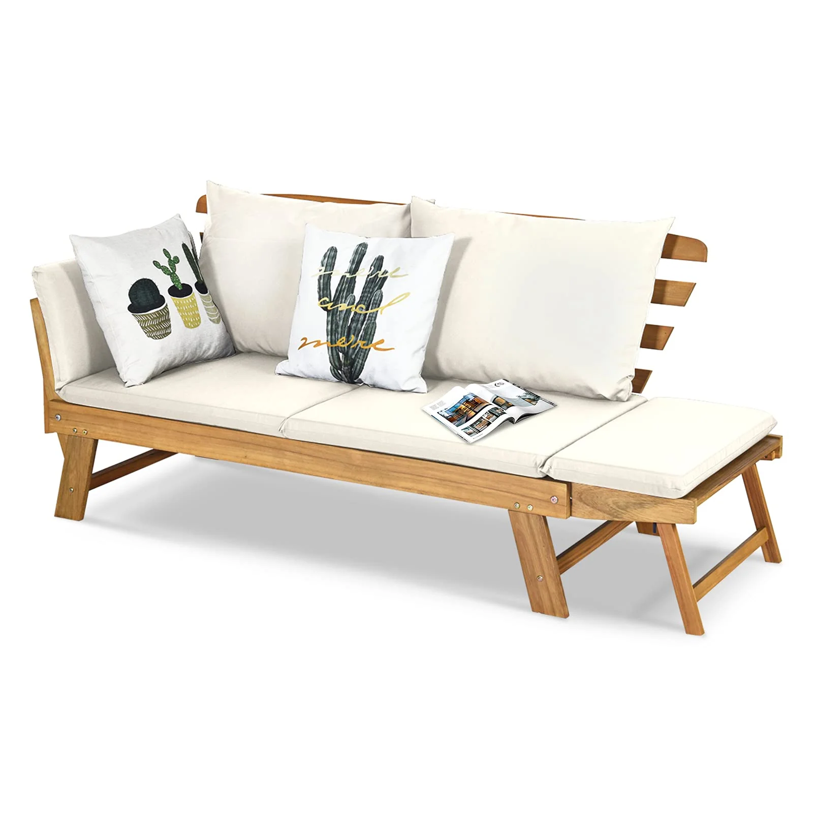 fd014aec99a9c543da9046834fb654ae8d819cb2d0273b3151f17b5bcd2d5b85 Outdoor Convertible Acacia Wood Daybed, Couch Sofa Bed w/Adjustable Armrest(White)