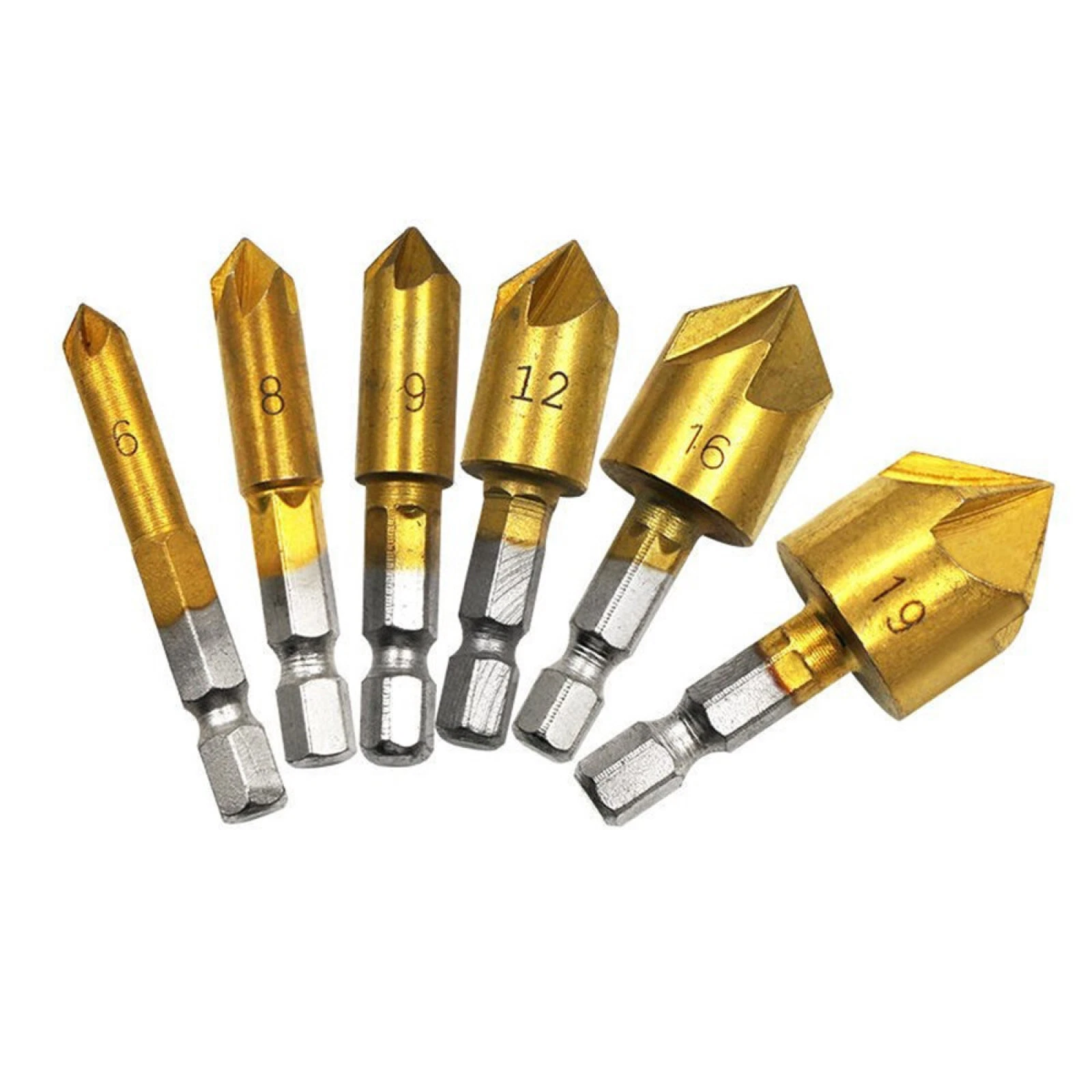fd54bf01de2692599f194bb22a72f3813b3c809a76839ed89272bb0337ed6791 6X Countersink Tool Bit Set 1/4'' Hex Shank Counter Sink For Steel Metal Wood H
