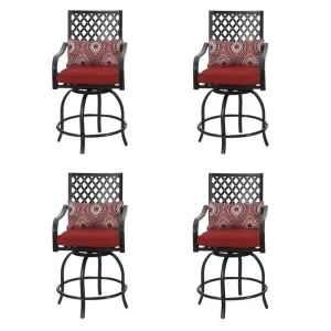 Outdoor Swivel Metal Cushioned Bar Height Patio Chairs Set of 4(Red)