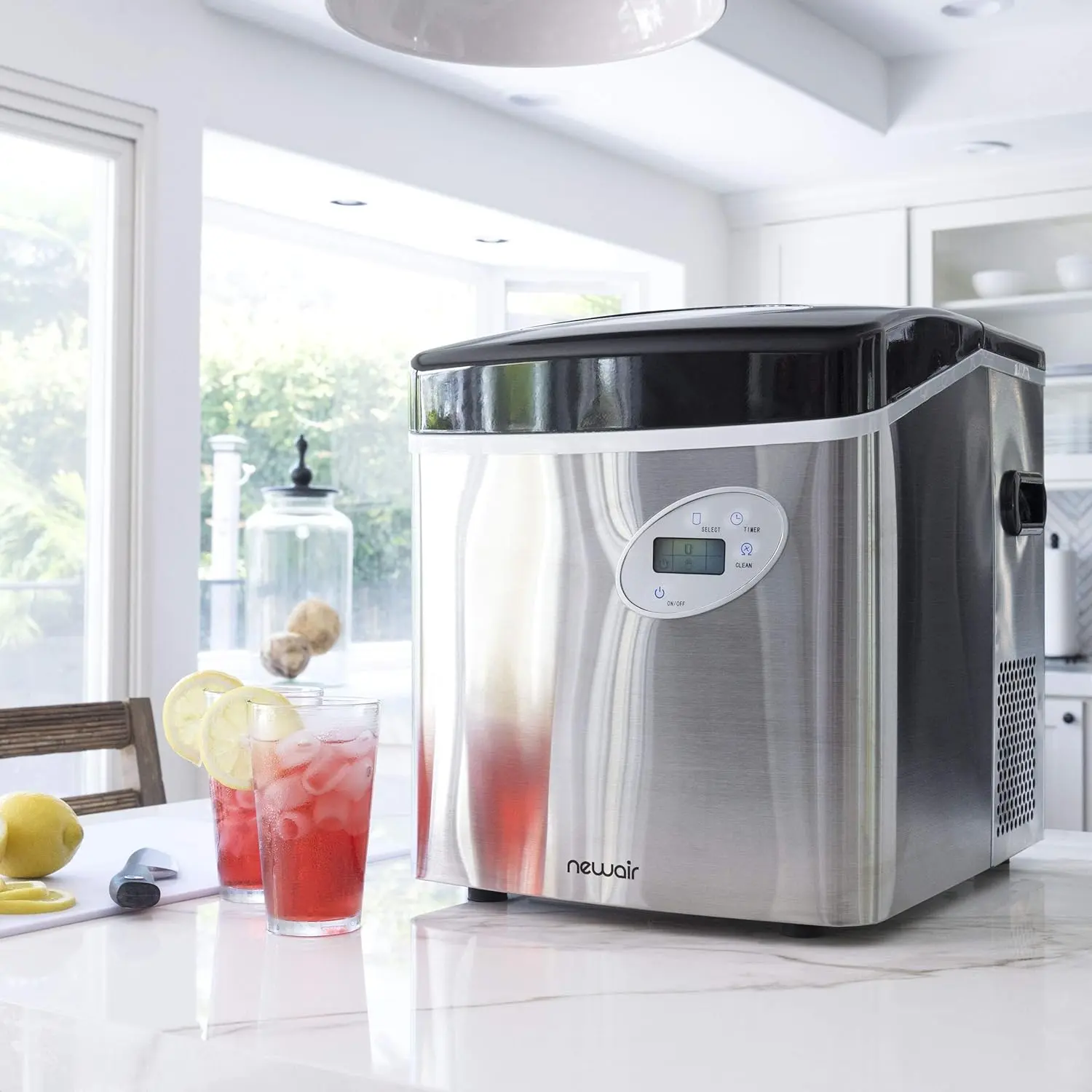 fe496b1e19c21561bd80280e5230e2f5efa805fc2b98f8e9d467a97bbfc6c995 Newair Portable Ice Maker 50 lb. Daily, 12 Cubes in Under 7 Minutes - Compact Countertop Design - 3 Size Bullet Shaped Ice - for Kitchen/Office/RV/Bar - Stainless Steel(Stainless Steel/Ice Maker)
