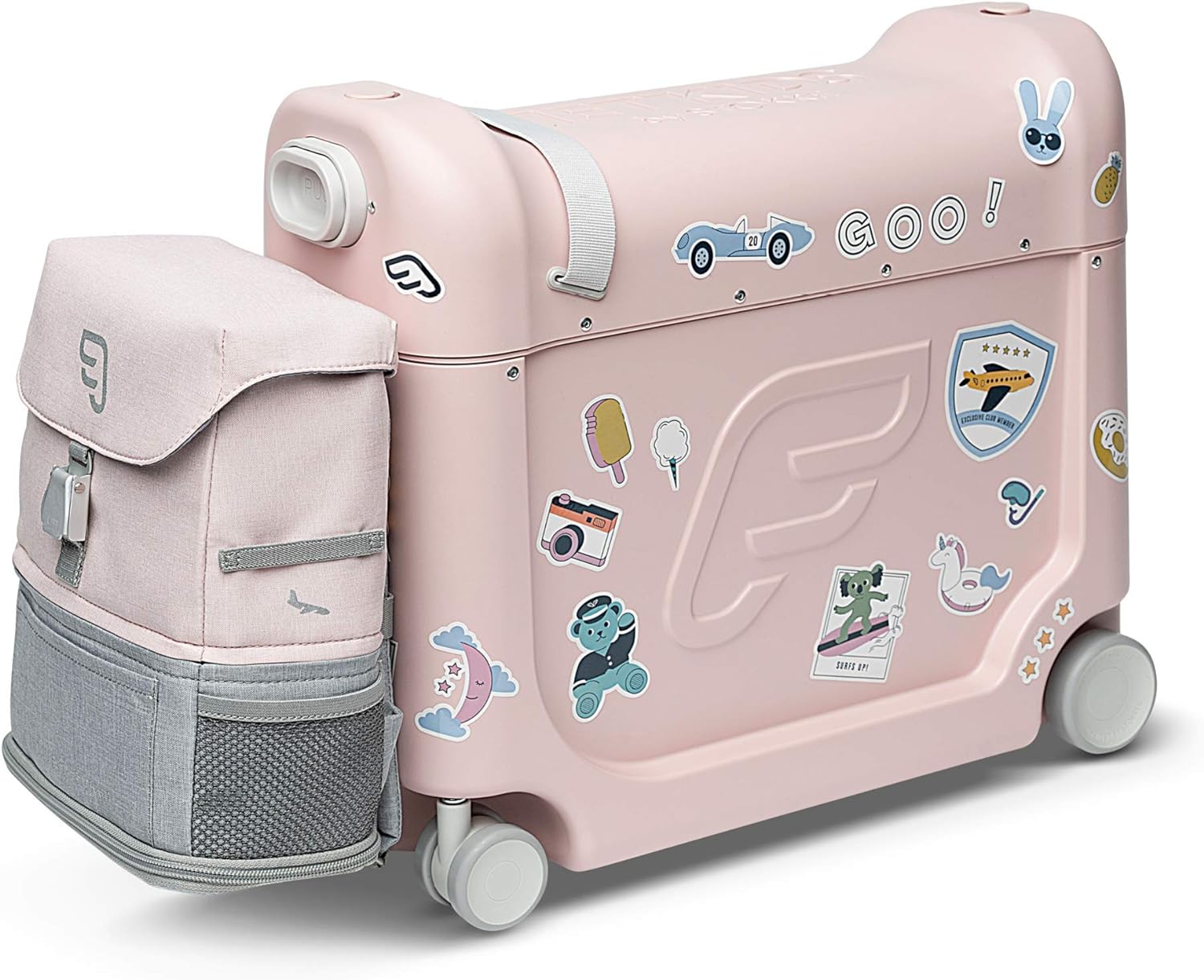 ff67c5072127fd46b3e7c265d06a366fe8f7378be655d1eb4c821df668335649 JetKids by Stokke Travel Bundle - Includes Kid??s Ride-On Suitcase In-Flight Bed + Crew BackPack - Best for Ages 3-7(Pink)