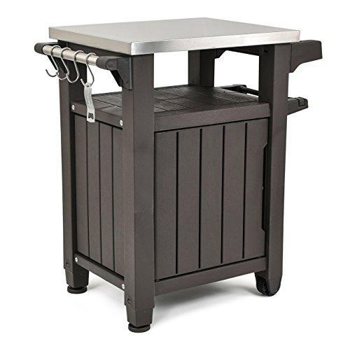 ffbf72c3be88264d99c2999011705c8cad39b8c315f511963e83c1f91b69b14f Unity Portable Outdoor Table and Storage Cabinet with Hooks for Grill Accessories-Stainless Steel Top for Patio Kitchen Island or Bar Cart, Espresso Brown