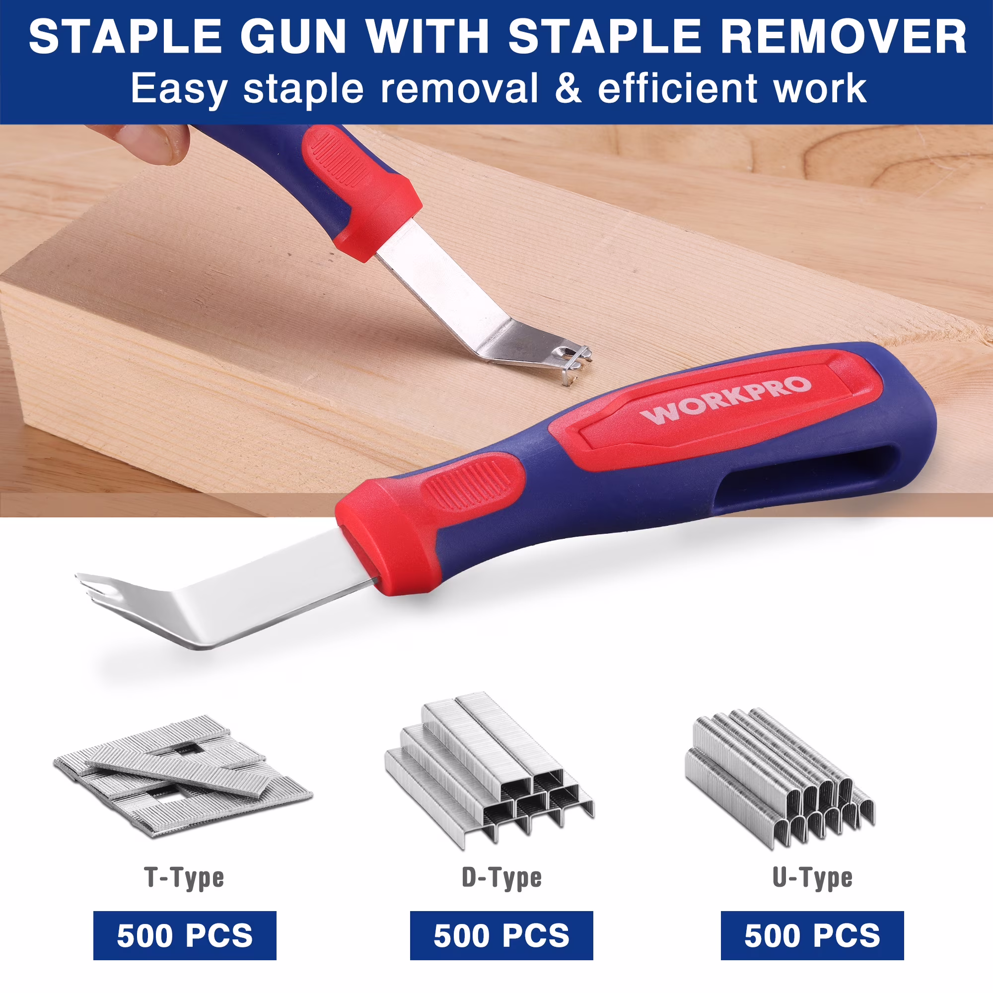 ffd195d0b8bbae6712dde27b8099b0212a2cf9eed5845bf44d4a9f2256350831 WORKPRO 3-in-1 Staple Gun Kit with 1500 Staples & Remover, Compatible with T50, U-Type, Brad Nails – Heavy Duty Manual Stapler for Upholstery & DIY